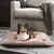 Coussin pour chien en tissu beige avec motif patte, chien de taille moyenne allongé dessus. Convient pour le repos des animaux à la maison.
