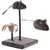 Cat toy with two plush mice on posts and a feather attachment, all on a square grey faux fur base. One mouse has a red eye and both have brown ears and tails.