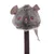 Plush mouse cat toy with grey faux fur, brown felt ears and nose, red light-up eyes, attached to a brown stick. Tail visible at the back.