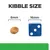 Kibble size comparison showing a 6mm kibble next to a 16mm blue dice for scale.