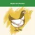Texte « Riche en Poulet » avec illustration d’une poule stylisée sur fond jaune. Texte en français de Belgique.