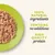 100% natural ingredients, contains no additives, high quality protein – tekst w języku angielskim widoczny obok karmy na zielonym talerzu.