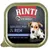 Rinti Finest Geflügel pur & Reh, helle Filetstücke, ohne Innereien, ohne Leber. Testo in tedesco sulla confezione di alimento per animali.