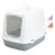 Maison de toilette pour chat en plastique, porte transparente avec motif patte, poignée sur le dessus, coloris gris et blanc. Deux options de couleur visibles : gris ou orange.
