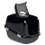 Caja de arena negra para gatos con tapa desmontable y puerta transparente con diseño de huellas.