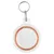 Round transparent keyring tag with visible copper coil inside, designed for attachment to a collar or keychain.