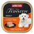 Animonda Vom Feinsten Adult mit Geflügel und Kalb. Serviervorschlag: Fleischstück auf schwarzem Teller. Weisser Hund abgebildet. Produkt für erwachsene Hunde.