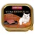 animonda Vom Feinsten ADULT mit Hühnerleber, comida húmeda para gatos adultos con hígado de pollo. Imagen del envase con un gato blanco y porción de alimento en bandeja negra.