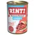 Blik Rinti Kennerfleisch Junior met rund, getreidefrei, rijk aan Omega 3. Afbeelding van vlees en orgaanvlees op het etiket. Tekst in het Duits.