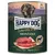 Happy Dog Sensible Pure Montana, pure horse. Made in Germany. Can with image of raw horse meat and dog in front of mountain landscape.