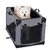 Transportbox aus grauem Stoff mit Netzfenstern und Reissverschlüssen, Hund sitzt darin. Geeignet für sicheren Transport von Haustieren.