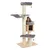 Cat tree made of wood with sisal posts, grey resting surfaces, hammock and cave. Cat sitting on one of the padded levels.