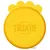 Yellow round plastic lid with scalloped edge and the word TRIXIE embossed in the centre, shown from above.