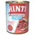 RINTI Kennerfleisch Junior med Rind, getreidefrei. Billede af oksekød og indmad på dåsen. Tekst: Reich an Omega3, Rinti seit 1983 Original.