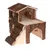 Maison à deux niveaux pour petits animaux, en bois brut avec écorce, escalier latéral, ouvertures rondes et arches visibles. Maison à deux niveaux pour petits animaux, en bois brut avec écorce, escalier latéral, ouvertures rondes et arches visibles.
