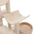 Arbre à chat beige avec poteaux en sisal, plateforme incurvée et panier rond rembourré, revêtement en tissu doux visible.