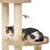 Arbre à chat en sisal avec plateforme tressée, jouet suspendu en forme de souris et chat allongé sur la plateforme. Aucun nom de marque visible.