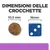 Dimensioni delle crocchette: diametro 10,5 mm a confronto con un dado blu da 16 mm. Testo visibile: 'DIMENSIONI DELLE CROCCHETTE', '10,5 mm', '16 mm'.
