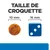 Taille de croquette : comparaison visuelle entre une croquette ronde de 10 mm et un dé bleu de 16 mm, texte inclus « TAILLE DE CROQUETTE »