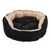 Cuscino rotondo per animali, tessuto nero con interno beige e bordo decorativo intrecciato. Imbottitura visibile su fondo e lati. Cuscino rotondo per animali, tessuto nero con interno beige e bordo decorativo intrecciato. Imbottitura visibile su fondo e lati.
