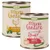 Dos latas Lukullus Menu Gustico: una con texto 'Chicken Grain-Free' y dibujos de pollo, brócoli y calabacín; otra con 'Beef Grain-Free', vaca, calabaza y calabacín. 800 g.
