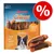 Sachet Rocco Chings Double, visible texte : Chicken with liver, double meat & pleasure!, photo de friandises et d’un chien, pastille promotionnelle avec symbole pourcentage.