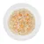 Close-up of a white plate with moist pet food, consisting of shredded meat and shrimp pieces.