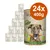 Confezione da 24 lattine DOG'S LOVE Greens, ciascuna da 400 g. Etichetta con cane e carota, testo visibile: '100 % Bio-Gemüse & Bio-Obst', simboli vegan e biologico. Confezione da 24 lattine DOG'S LOVE Greens, ciascuna da 400 g. Etichetta con cane e carota, testo visibile: '100 % Bio-Gemüse & Bio-Obst', simboli vegan e biologico.