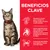 Beneficios clave: vitamina E y ácidos grasos omega-3 y omega-6 para piel y pelo; taurina para salud cardíaca y renal; proteína de alta calidad para masa muscular magra. Imagen de un gato.