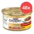 Lata de comida para gatos Purina Gourmet Gold, mit lachs und huhn, zarte häppchen in sauce. Paquete de 48 unidades indicado en círculo rojo.