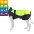 Manteau imperméable jaune et noir porté par un chien, avec guide des tailles S, M, L, XL illustré à gauche pour différentes morphologies de chiens.