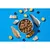 Bowl of cubed pet food surrounded by pieces of fish, yellow discs, seaweed squares and grains on a blue background, showing visible ingredients.