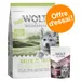 Wolf of Wilderness Little Green Fields Junior, 100 % grain-free recipe, offre d’essai, sachet Wild Bites visible. Texte en anglais : lots of fresh chicken meat & fruits of the forest.