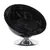 Black, round chair with shiny chrome base and soft plush upholstery.