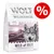 Συσκευασία Wolf of Wilderness Wild Hills 400g, 100% grain-free recipe, fresh chicken meat with duck, wild berries, roots & wild herbs. Ένδειξη προσφοράς με σύμβολο ποσοστού.