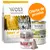 Pack de prueba Wolf of Wilderness: saco Sunny, lata Green Fields y bote High Valley. Etiquetas visibles: 100% grain-free recipe, lots of fresh chicken meat, freeze dried, 100% beef liver.