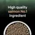 Text states high quality salmon is the number one ingredient, shown above a bowl filled with dry food pieces.