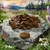 Pile of round brown kibble pieces on a rock, with one piece shown separately in front. Text below indicates kibble size is 13 to 15 millimetres.