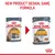 Royal Canin cat food pouch redesign: left shows 'Intense Beauty', right shows new 'Hair & Skin' design. Text above: New product design, same formula. Both pouches 85g.