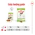 Daily feeding guide showing for 1kg: half pouch plus 18g dry food, 3kg: half pouch plus 53g dry food, 4kg: half pouch plus 68g dry food. For x-small adult.