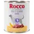Rocco Diet Care Renal, Beef with chicken hearts & pumpkin. Dåse med illustration af hund, stykker kød, græskar og nyrer-symbol. Tekst på engelsk, tysk og fransk.