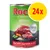 Rocco MENU Beef with vegetables & rice, 400 g säilyketölkki. Pakkausmerkintä: Enriched with carbohydrates. 24x monipakkaus näkyvissä keltaisella ympyrällä.
