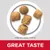 Five pieces of kibble shown on a plate with text stating kibble size approximately 8 by 8 millimetres and the phrase 'Great Taste' below.