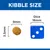 Размер на гранула: 9 мм ширина, 3,5 мм височина, показана до зарче с размер 16 мм. Текст на английски: KIBBLE SIZE, Dice.