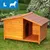 Wooden outdoor kennel with a slanted roof and covered porch area, shown in a garden. Blue icon in corner indicates size L for large pets. Wooden outdoor kennel with a slanted roof and covered porch area, shown in a garden. Blue icon in corner indicates size L for large pets.