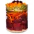Glass container with layers of raw beef chunks, sliced carrots, apple, grated courgette, diced pumpkin and beetroot, and a base layer of small beige grains. No visible brand or text.