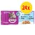 Whiskas 4 boîtes, 24x. Text på franska: adapté aussi aux chats stérilisés, repas 100% complet et équilibré, au saumon, au thon, à la truite, aux poissons blancs.