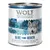 Wolf of Wilderness Blue River, 100% grain-free, 800 g. Texte visible : Fish with wild berries, roots and wild herbs. Illustration de rivière et silhouette de loup.