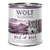 Lata de Wolf of Wilderness Wild Hills, 800 g. Texto visible: 100% grain-free, duck with fruits of the forest, roots and wild herbs.