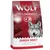 Confezione Wolf of Wilderness Crimson Sunset, ricetta senza cereali, 1 kg. Testo visibile: lots of fresh pork with lamb & goat, wild berries, roots and wild herbs.